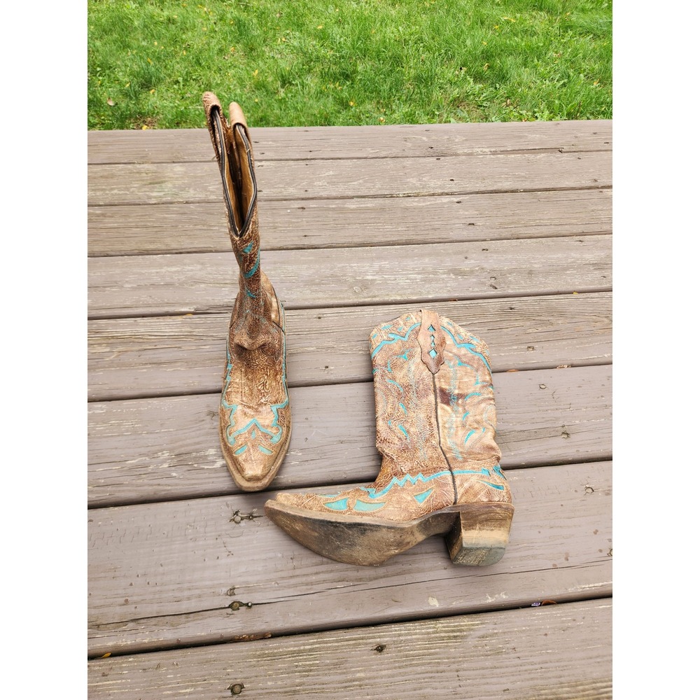 Corral Western Boots Brown Crinkle Turquoise Leather Snip Toe Cowgirl Boho 6.5M